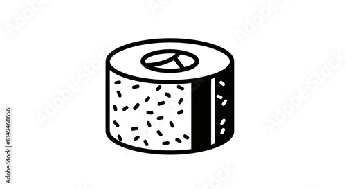 Stylized Illustration of a Single Sushi Roll with Sesame Seeds and Rice on a White Background
