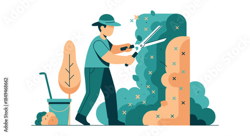 Man Pruning Hedge with Garden Shears.
