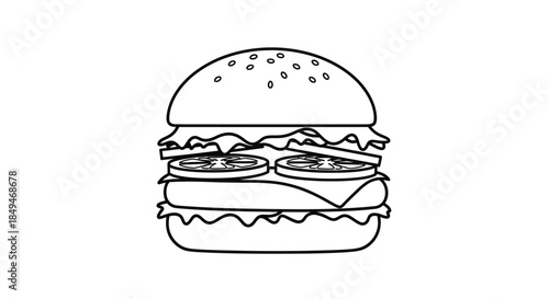 Detailed Outline Drawing of a Large Double Cheeseburger with Lettuce Tomato Onion and Sesame Seed Bun on a White Background