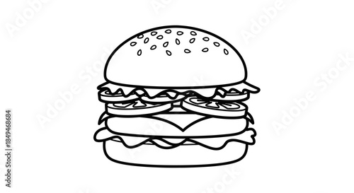 Black And White Outline Of A Double Cheeseburger With Sesame Seed Bun Isolated On White Background Studio Shot