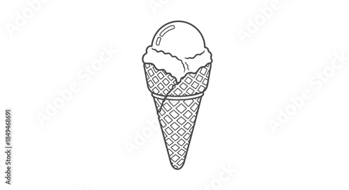 Simple Line Drawing of a Vanilla Ice Cream Cone on a White Background Detailed Waffle Cone and Melting Scoop Classic Dessert Illustration Sweet Treat