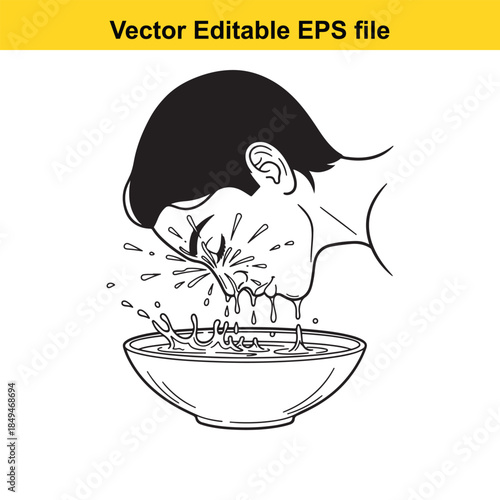  vector illustration of a person vomiting into a bowl in a simple line drawing style