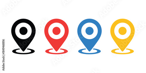 Black red blue yellow location pin symbols, with concentric circles map marker pointer representing ranking levels, priority status, order hierarchy and location based rank indicators for navigation 