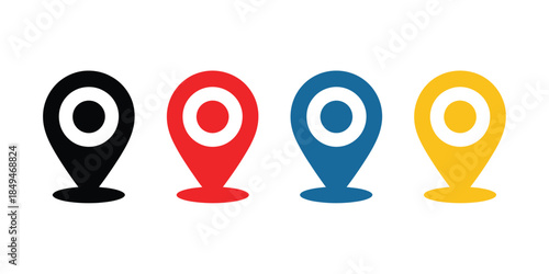 Black red blue yellow location pin symbols, with concentric circles map marker pointer used to show rank titles, importance levels, graded positions and priority mapping systems