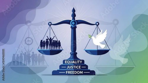 Scale of justice balancing people and dove on equality, freedom, and justice background
