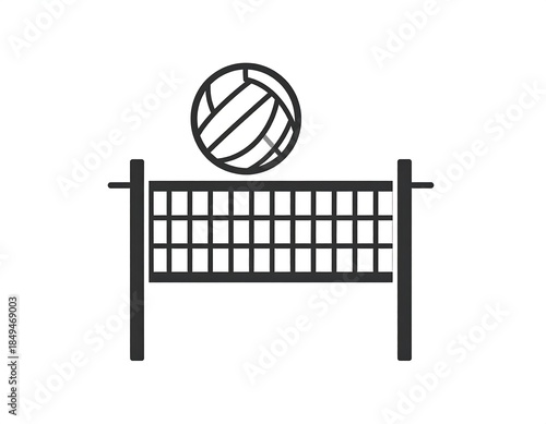 Black & white graphic of a volleyball net with the ball above it
