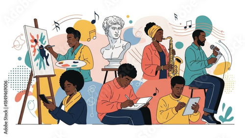 Diverse group of people engaging in various artistic activities like painting, playing music