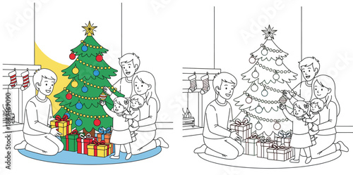 Happy family decorating Christmas tree vector illustration. Coloring book page concept with colored and black and white outline versions showing parents and kids with gifts near fireplace.