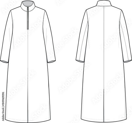 Women long coat technical design, front and back view, high neck zipper style, winter outerwear garment, apparel template, fashion flats, cad drawing flat vector illustration