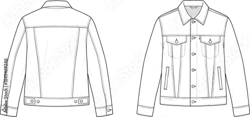 Men denim jacket technical design, front and back view, classic trucker style, outerwear garment, apparel template, fashion flats, cad drawing flat vector illustration