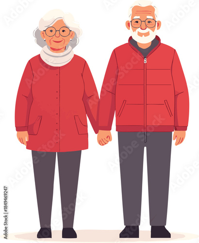 Senior Couple Holding Hands in Red Outerwear