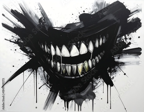 Black abstract expressionistic smile with jagged teeth and ink splotches
