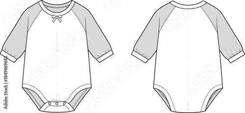 Baby raglan sleeve bodysuit technical design, front and back view, infant clothing garment, apparel template, fashion flats, cad drawing flat vector illustration