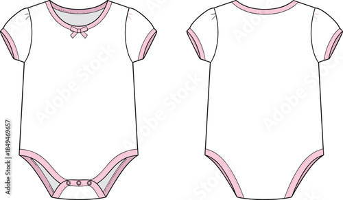 Baby girl bodysuit onesie technical design, front and back view, infant clothing garment, apparel template, fashion flats, cad drawing flat vector illustration