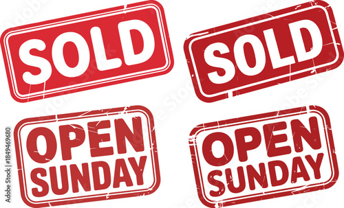 Sold & Open Sunday Stamp Set – Red Distressed Labels for Real Estate and Retail Signage Design