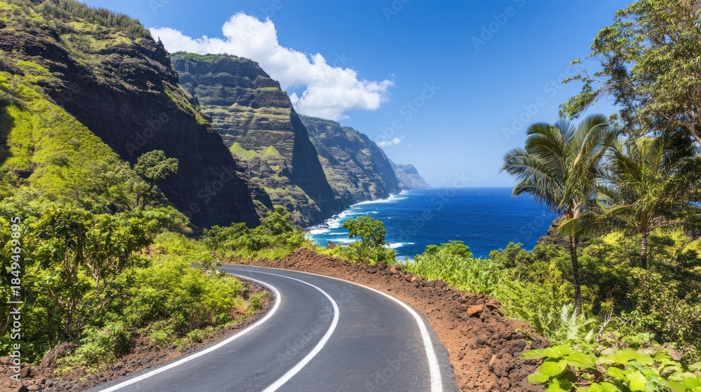Obraz premium A winding road curves along a scenic coastline