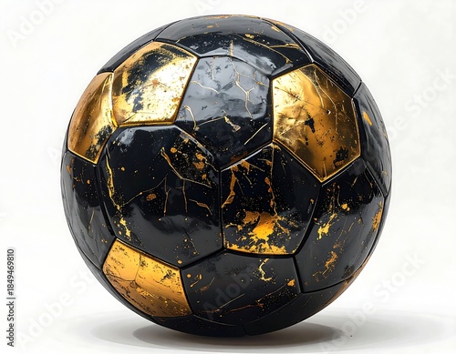 Black and gold soccer ball, patterned, isolated on a white backdrop