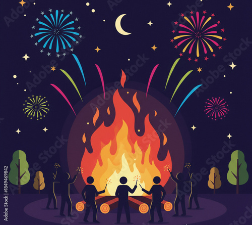 Friends gather for a festive outdoor night, enjoying the warmth of a crackling bonfire while dazzling fireworks light up the starlit sky with vibrant colors
