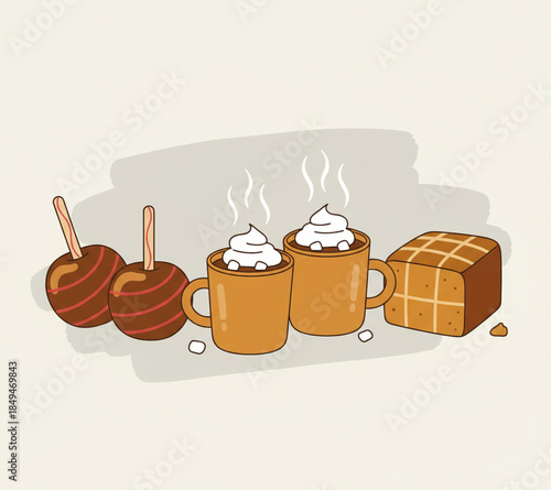 Cozy Autumn Treats Hot Chocolate and Caramel Apples with a Slice of Cake