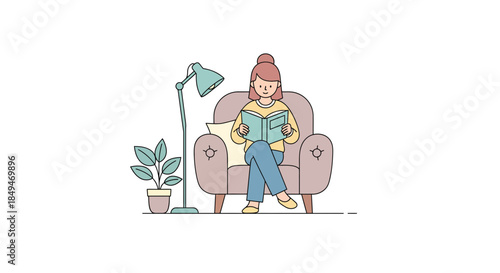 Woman relaxing in cozy living room reading a book by lamp light