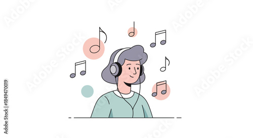 Smiling person enjoying music with colorful notes floating around