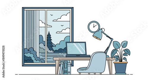 Modern home office with laptop and plants by a scenic window