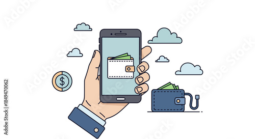 Mobile payment concept with hand holding smartphone and digital wallet