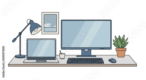 Modern home office workspace with computer and laptop