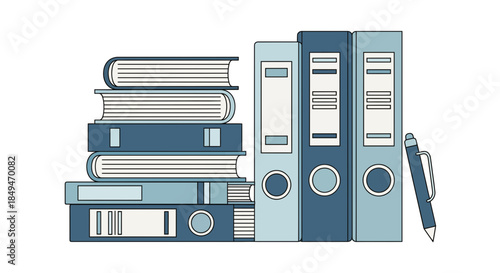 Stack of books and office supplies on a desk for education and business