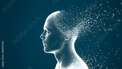 Human head dissolving into digital particles, representing data loss or digital transformation.