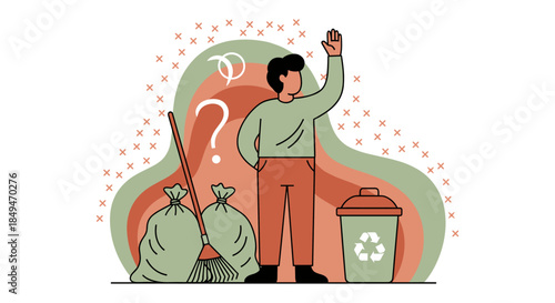 Man Standing Next to Trash Bags.