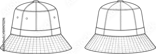 Bucket hat fashion template showing detailed front and back views with stitching, brim structure, panel seams, ideal for apparel design cad drawing flat vector illustration
