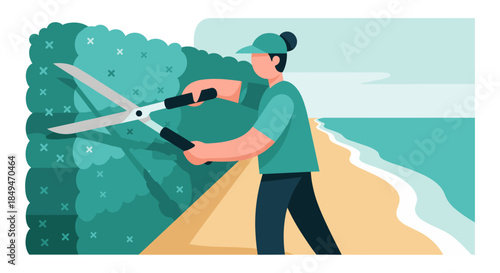 Man Trimming Hedge with Large Scissors.