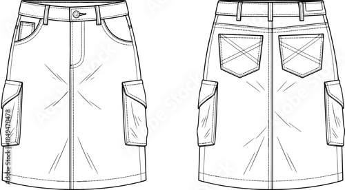 Cargo skirt fashion template showing detailed front and back views with pockets, stitching, belt loops, perfect for apparel design cad drawing flat vector illustration