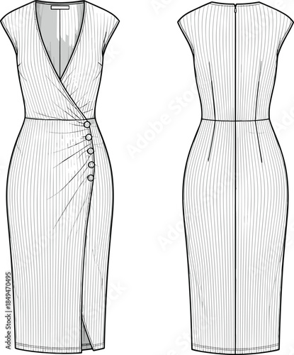 Women's wrap midi dress technical flat sketch fashion illustration front back view vector line art for apparel design and production