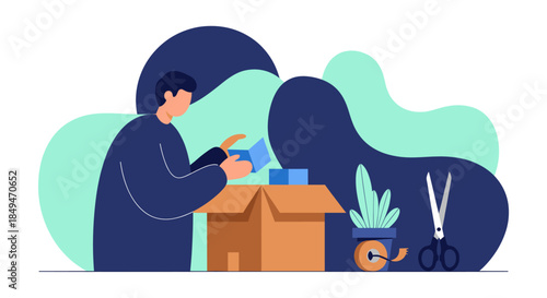 Man Unpacking Box with Gardening Tools.