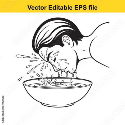  vector illustration of a person rinsing mouth with water from a bowl