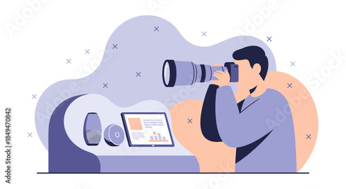 Man Using Camera and Computer Technology.