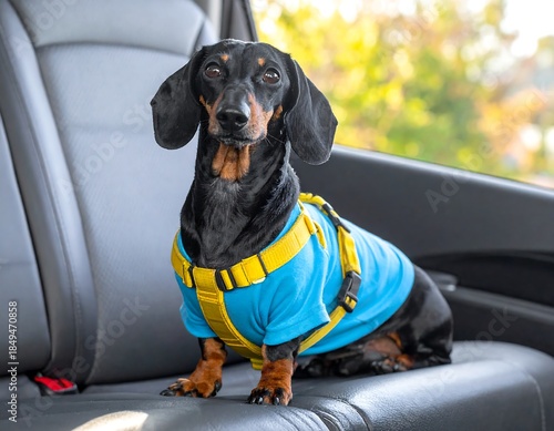Black and tan dachshund sits inside a vehicle wearing a blue harness