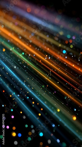 Colorful Laser Beams and Bokeh on Black Abstract Background, Neon Light Streaks for Concert Poster, Club Party, Nightlife Theme Design