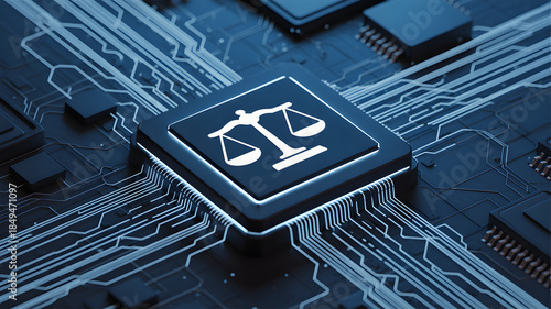 Digital scales of justice symbolize technology's impact on law and legal systems