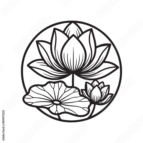 Lotus Flower Line Art Vector Graphic in Circular Frame for Yoga and Wellness Branding
