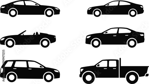 Minimal, car, silhouettes, set, vehicle, icons, sedan, coupe, convertible, suv, pickup, truck, transportation, automotive, design, black, vector, illustration, white, background