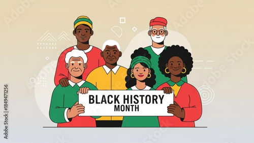 Diverse group of people holding black history month sign in colorful illustration