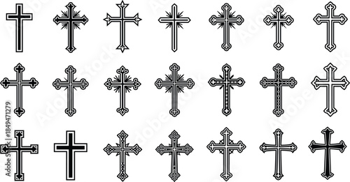 Decorative Christian Cross Icons Set, Various Ornate Religious Symbols, Catholic and Orthodox Crosses, Black Silhouette Vector Collection.