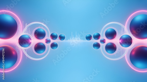 Futuristic abstract glowing orbs and rings with digital wave pattern on a vibrant blue background