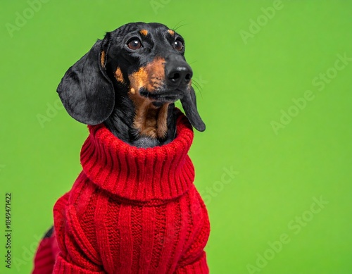 Black and tan wiener dog wearing a red turtleneck sweater