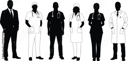 Silhouette of businessman, doctors, nurses, medical professionals, healthcare staff, stethoscope wearing people, standing group, isolated black and white figures on white background