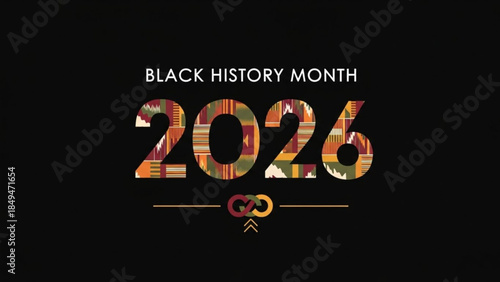 Black history month 2026 celebration with colorful kente cloth pattern on black background