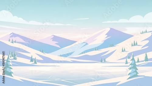 Snowy mountain landscape with trees and rolling hills under blue sky